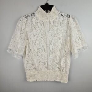 Peach Cream Floral Lace Smocked Mock Neck Blouse Short Flutter Sleeve Large